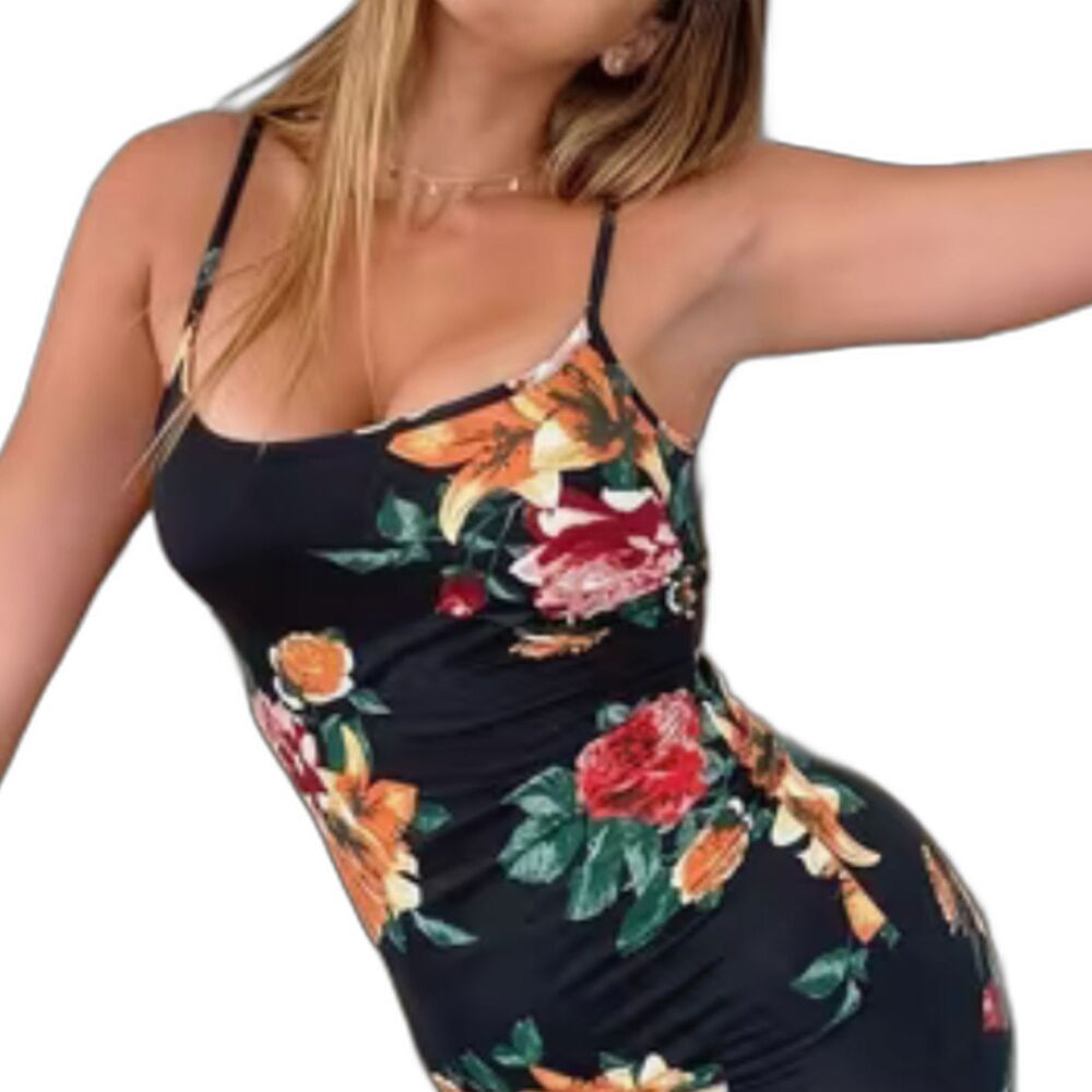 Women's Large Black Floral Pattern Spaghetti Strap Bodycon Midi Dress